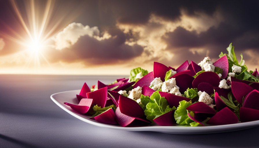 An image of a vibrant, colorful salad bowl filled with thinly sliced raw beetroot, crisp green lettuce leaves, creamy goat cheese crumbles, crunchy walnuts, and a drizzle of tangy balsamic vinaigrette