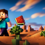 An image capturing the vibrant colors and textures of a Minecraft player feasting on a juicy watermelon slice, crunching on a crispy carrot, and munching on a succulent piece of raw beef