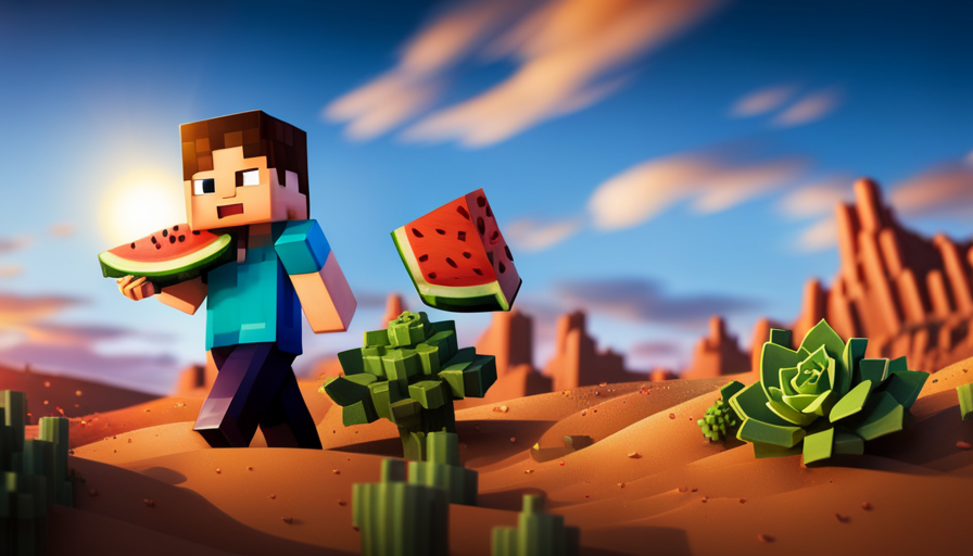 An image capturing the vibrant colors and textures of a Minecraft player feasting on a juicy watermelon slice, crunching on a crispy carrot, and munching on a succulent piece of raw beef