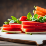 An image showcasing a vibrant platter of sliced watermelon, juicy strawberries, crisp bell peppers, succulent cherry tomatoes, and crunchy carrot sticks, enticingly highlighting the diverse array of delicious raw foods