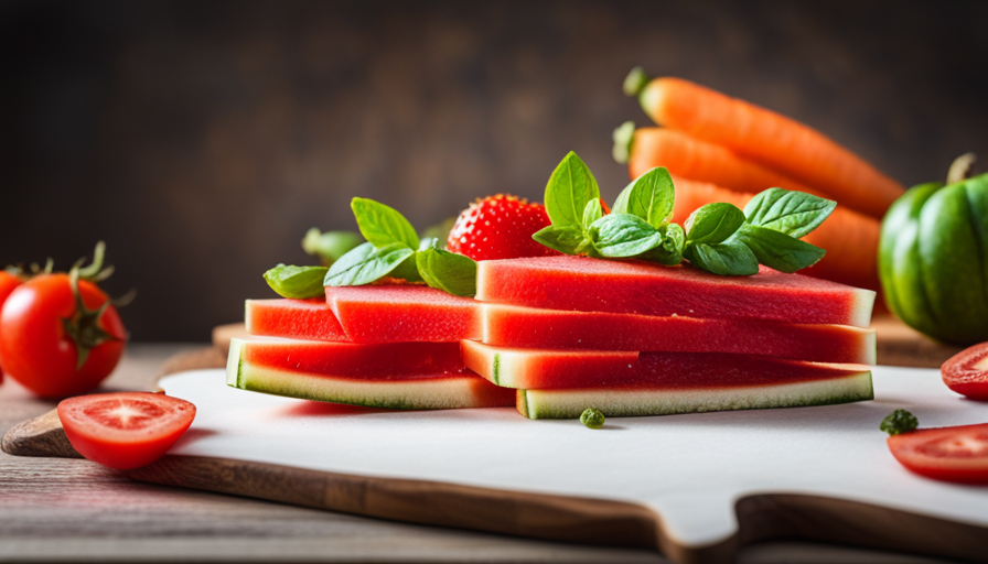 An image showcasing a vibrant platter of sliced watermelon, juicy strawberries, crisp bell peppers, succulent cherry tomatoes, and crunchy carrot sticks, enticingly highlighting the diverse array of delicious raw foods