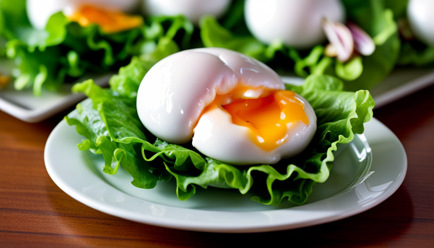 An image showcasing a vibrant, mouth-watering dish: a bed of crisp, green lettuce adorned with a perfectly poached egg, its velvety yolk oozing out gracefully