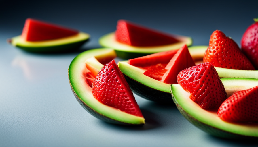 An image showcasing an array of vibrant fruits, including sliced avocados, strawberries, and watermelon, perfectly complemented by a squeeze of zesty lemon juice