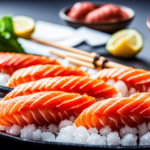 An image showcasing an elegant Japanese spread of sashimi, featuring vibrant slices of fresh salmon, tuna, yellowtail, and scallops, arranged beautifully on a bed of ice, topped with delicate garnishes