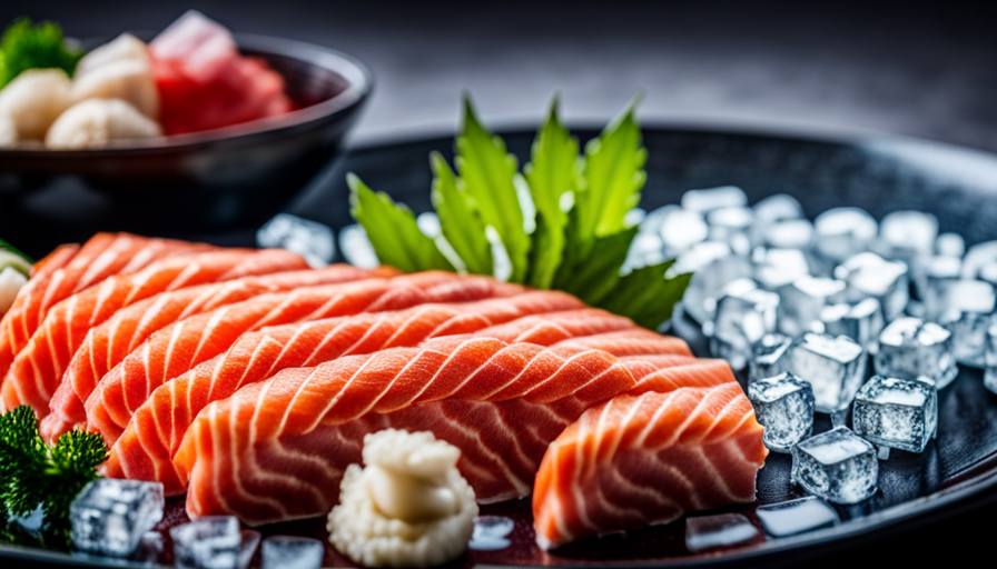 An image showcasing an elegant Japanese spread of sashimi, featuring vibrant slices of fresh salmon, tuna, yellowtail, and scallops, arranged beautifully on a bed of ice, topped with delicate garnishes