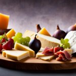 An image showcasing a wooden charcuterie board filled with an assortment of artisanal cheeses, sliced prosciutto, crusty baguette, and a vibrant array of fresh fruits, including luscious raw fig demi lunas, inviting viewers to indulge in this delectable pairing