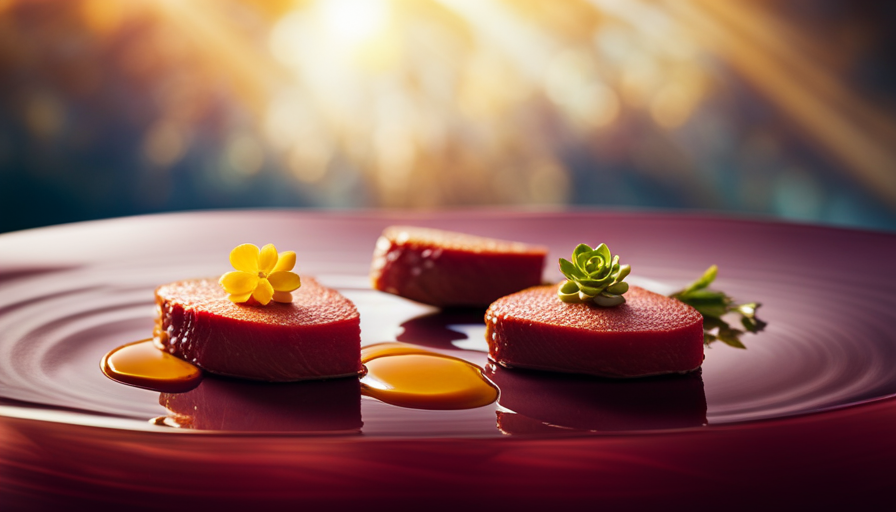 An image showcasing a vibrant plate with a succulent raw steak, surrounded by a luscious golden pool of raw honey