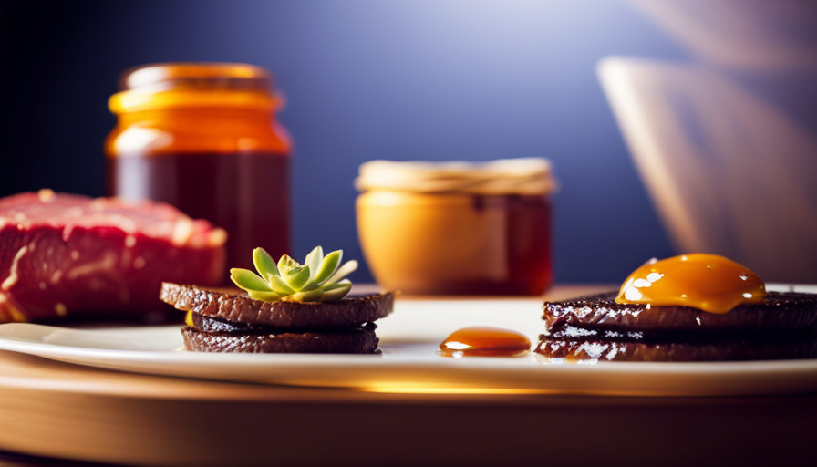 An image showcasing a vibrant plate, featuring a succulent raw steak alongside a golden jar of raw honey