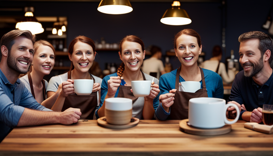 An image showcasing a group of friends and cafe staff engaged in laughter and joy, surrounded by coffee-related props like mugs, beans, and brewing equipment
