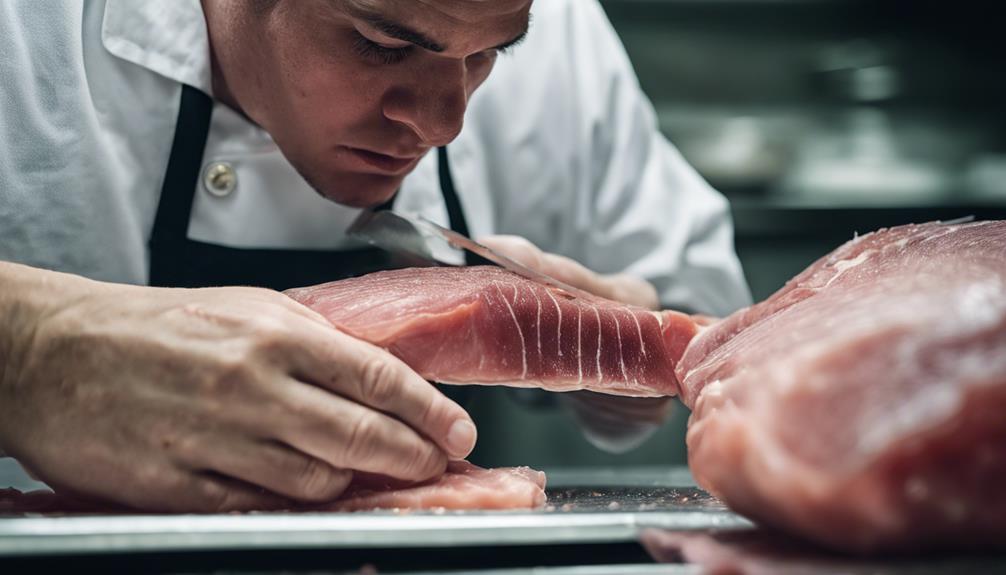 a food worker prepares a raw fish fillet for cooking