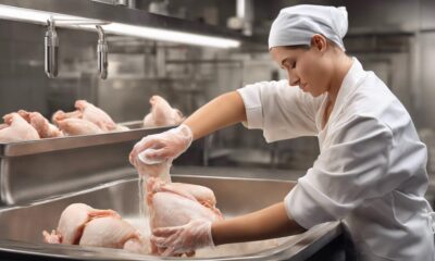 food workers handling raw chicken