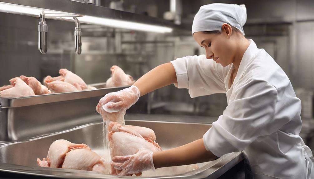 food workers handling raw chicken