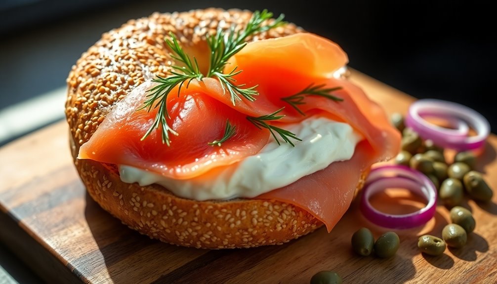 seeded bagels with salmon