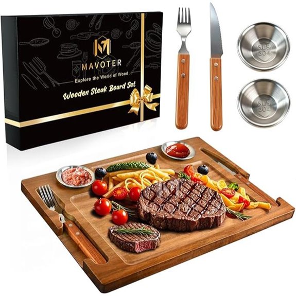 Acacia Wooden Steak Board with Utensils and Ramekins